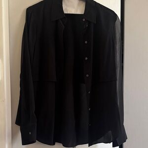 Club Monaco Black Button-Front Top silk with sheer sleeves elegant!!